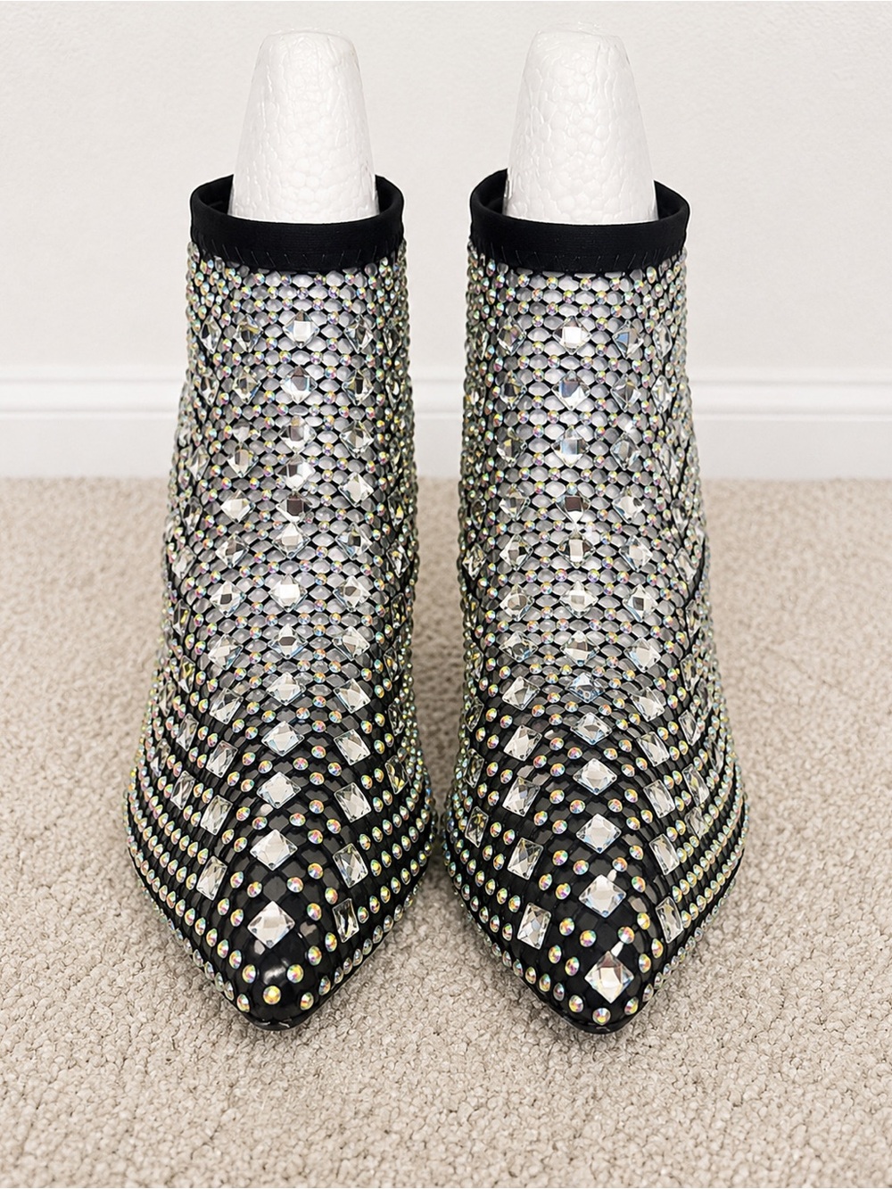 Embellished Black Crystal Pointed Toe Ankle Boots